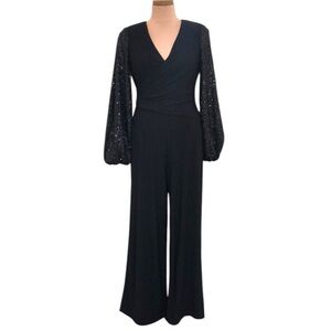 Adrianna Papell Wide Leg Jumpsuit Size 6 Black Sequin Blouson Sleeve